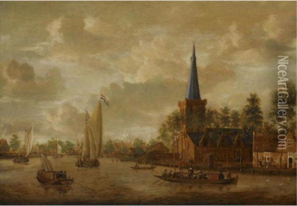 A View Of A Church Along A River With Ferries And Other Sailing Boats Oil Painting - Jacobus Storck