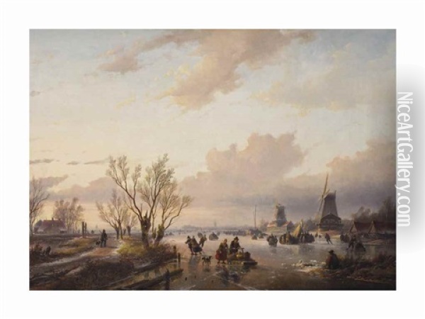 Leisure Time On The Ice At Sunset Oil Painting - Jan Jacob Spohler