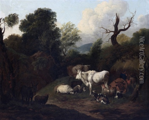 Paysage Au Troupeau De Chevres Et De Vaches Oil Painting - Michiel Carree