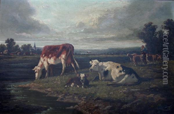 Cattle In A Field; A Shepherdess With Cattle And Sheep Oil Painting - Alfred Quinton Collins