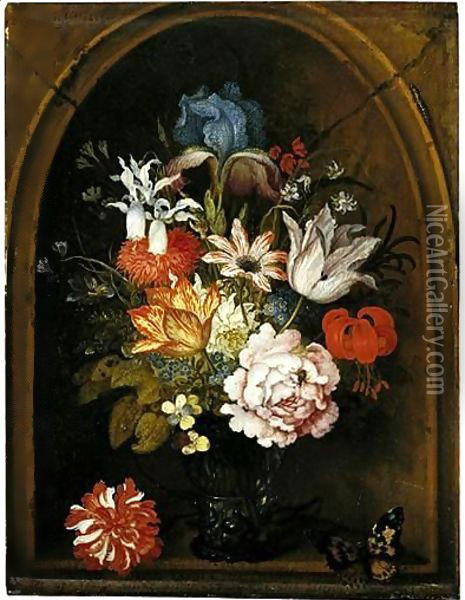 A Still Life Of Tulips, A Rose, An Iris, A Fuchsia, Forget-Me-Nots And Other Flowers In A Berkemeijer Glass, Set In A Niche And Flanked With A Carnation And A Butterfly Oil Painting - Balthasar Van Der Ast