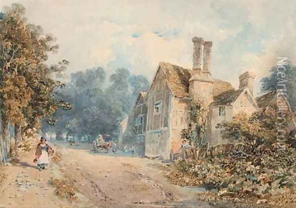 Figures on a country road passing a Tudor manor house Oil Painting - Richard Noble