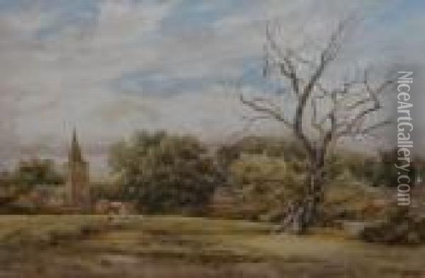 ' Newton Linford In Leicester ' - Field With Figures, Church And
 Trees Oil Painting - James Orrock