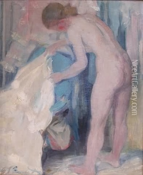 Impressionist Portrait Of A Nude Leaning To Lay A White Dress On A Blue Armchair Oil Painting - Everett Lloyd Bryant