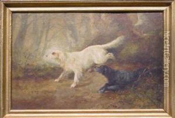 Setters In A Forest Oil Painting - Thomas Henry Gibb