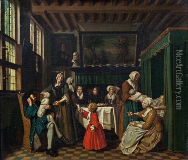 Interieur Mit Familienbesuch Der Wochnerin Oil Painting - Jan Josef Horemans the Elder