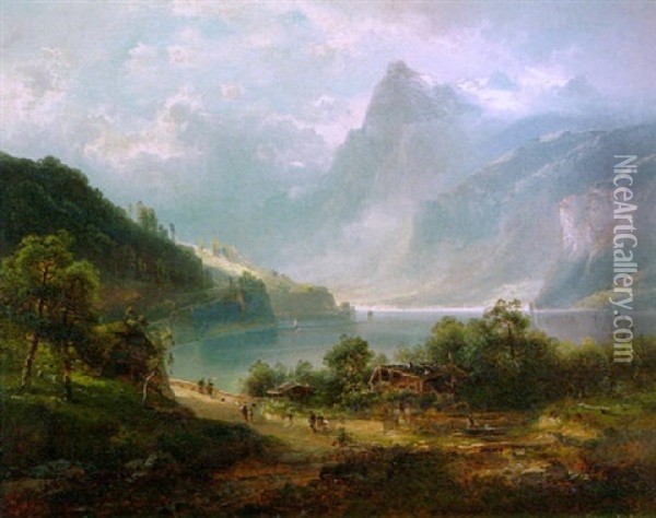 Schweizer Alpensee Zu Fusen Eines Steilen Gebirgsmassvis Oil Painting - Ferdinand Feldhuetter