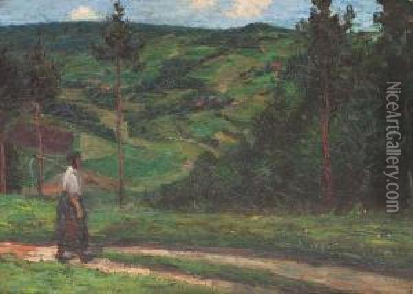 Hugelige Landschaft Mit Bauerin Auf Feldweg Oil Painting - Wilhelm Trubner