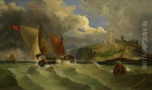 A Breezy Day Off Dunstanborough Castle Northumberland Oil Painting - John Callow
