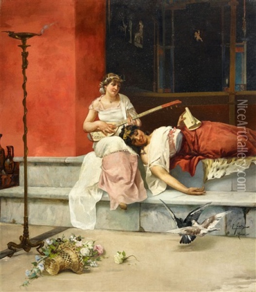 Classical Roman Interior With Two Young Ladies Oil Painting - Ettore Forti