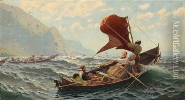 A Family Of Fishers On The High Sea Oil Painting - Hans Andreas Dahl