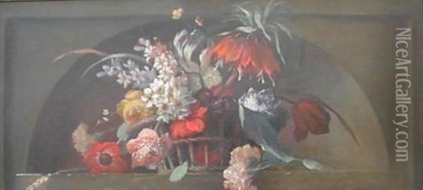 Floral Still-life In Niche Oil Painting - Arthur Chaplin