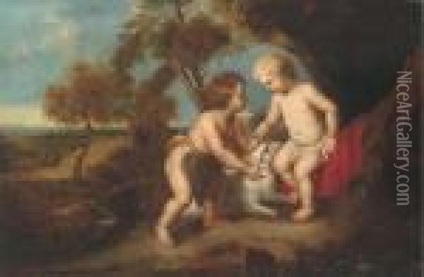 The Christ Child And The Infant Saint John The Baptist In Alandscape Oil Painting - Peter Paul Rubens