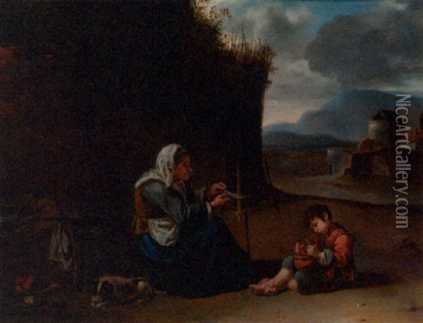 A Woman Spinning Yarn With A Boy By A Hovel, A Mountainous Landscape Beyond Oil Painting - Johannes Lingelbach