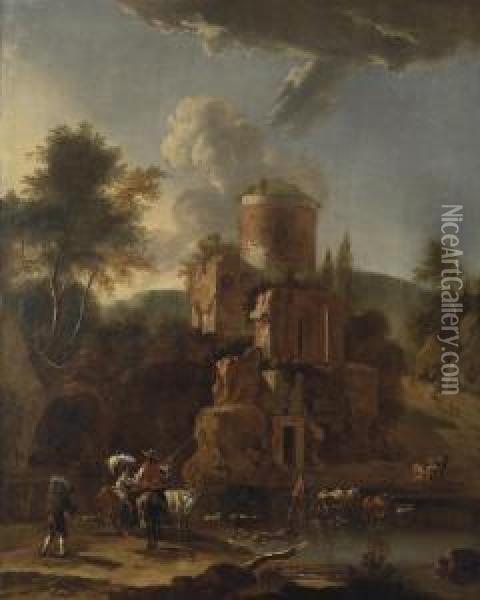 A Mountainous River Landscape With Cattle Drovers Making A Crossingby A Ruined Castle Oil Painting - Rembrandt Van Rijn