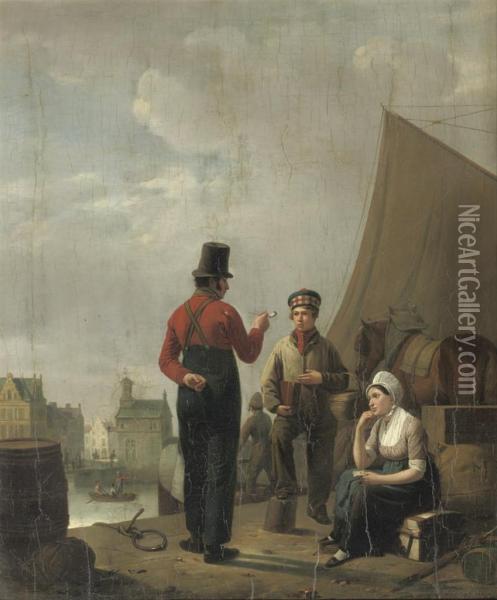 Figures On A Quay In A Town Oil Painting - Pierre Francois Ch. Le Roy