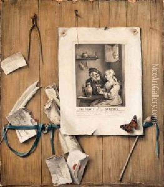 A Trompe L'oeil Of An Engraving 
Of David Teniers Ii's Surprisedlovers, Letters, A Bill, Two Scrolls, A 
Feather, A Pipe And A Pairof Callipers Attached To A Partition, With A 
Fly And Abutterfly Oil Painting - Gabriel Gresly