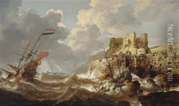 A Coastal Landscape With A Dutch Three-master In Distress, A Shipwreck In The Foreground And A Castle On A Hill Top Nearby Oil Painting - Bonaventura Peeters the Elder