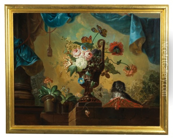 A Floral Still Life With A Small Dog Oil Painting - Johann Martin Metz