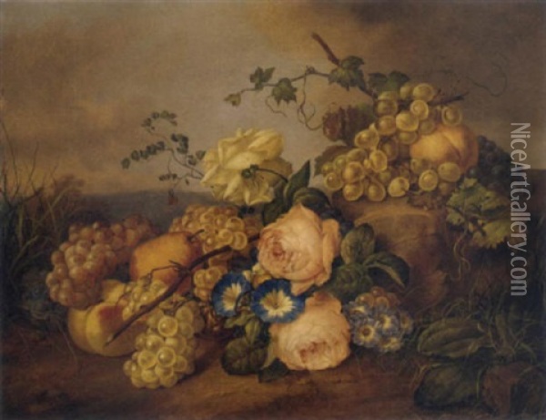 Grapes, Peaches And A Pear With Roses And Other Summer Flowers Oil Painting - Franz Xaver Petter