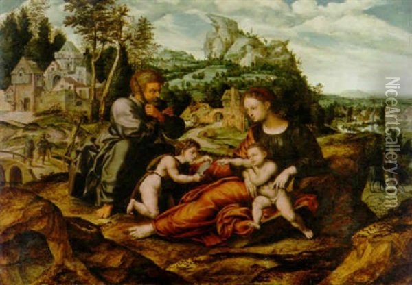 The Holy Family With The Infant Saint John The Baptist On The Return Form Egypt Oil Painting - Jan Sanders (Jan van) Hemessen