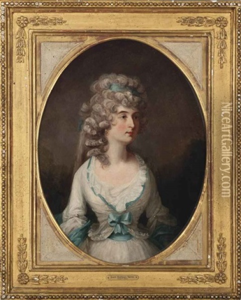 Portrait Of A Lady, Half-length, In A White Dress With Blue Trim Oil Painting - John Raphael Smith