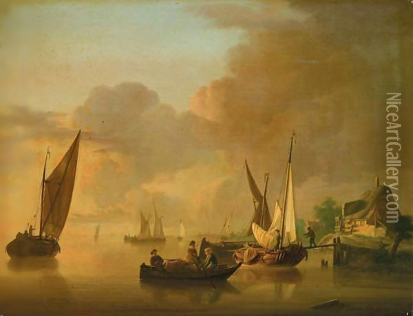 A River Landscape With Smalschips Unloading Their Cargo, Together With A Rowing Boat Oil Painting - Jan van Os