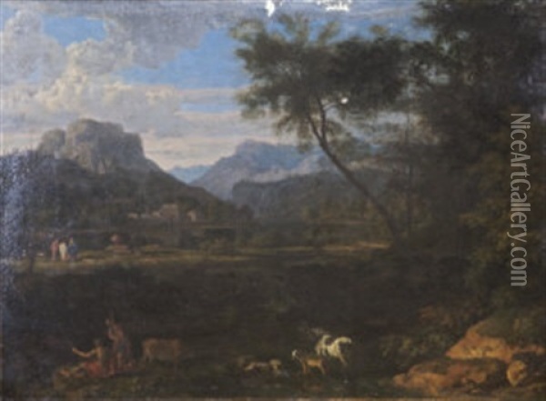 A Classical Southern Landscape With Figures And Animals Oil Painting - Claude Lorrain