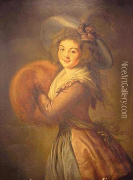 Portrait Of A Woman With A Feathered Hat Oil Painting - Marie Lebrun
