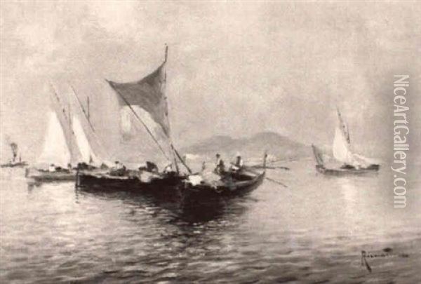 Fishermen In The Bay Of Naples Oil Painting - Oscar Ricciardi
