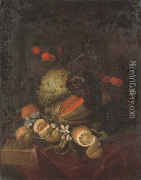 Peches, Cerises, Melon, Raisins Et Citron Sur Un Entablement Drape Oil Painting - Jan van den Hecke the Elder