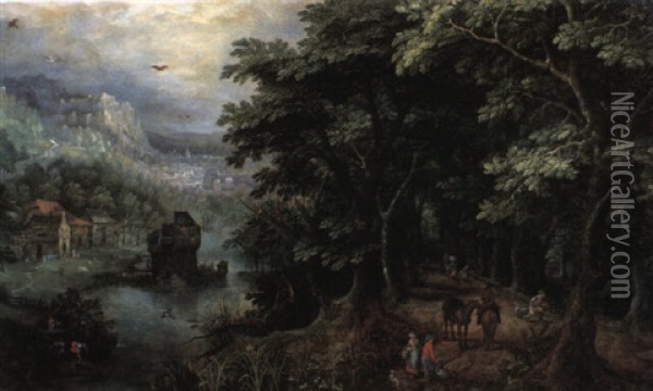 A Landscape With A Huntsman And Other Figures In An Avenue, A River Valley With A Castle And A Hamlet And Mountains Oil Painting - Gillis Van Coninxloo III