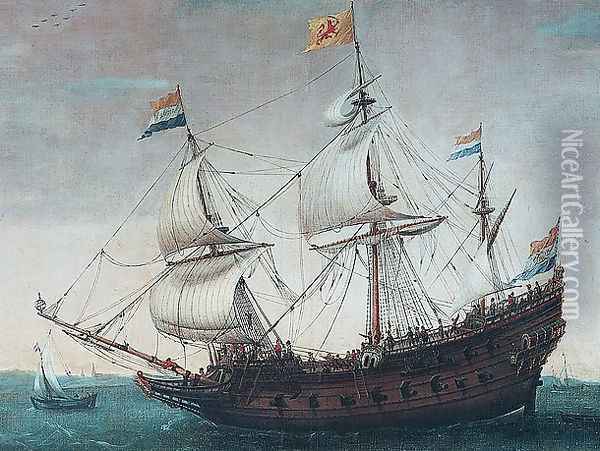 Het uitzeilen van een aantal Oost-Indiëvaarders uit het Marsdiep. In het midden het schip 'Mauritius' Oil Painting - Cornelis Hendricksz. The Younger Vroom