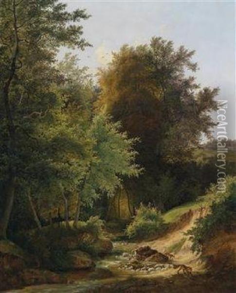 Woodland Landscape With Foxes Oil Painting - Josef Feid
