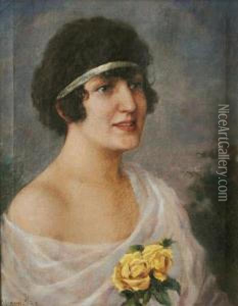 Portret Kobiety Z Zoltymi Rozami Oil Painting - Piotr Stachiewicz