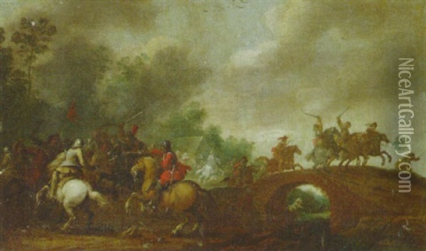 A Calvary Skirmish On The Outskirts Of A Wood By A Bridge Oil Painting - Pieter Meulener