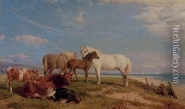 Cattle And Horses Resting Beside A Beach Oil Painting - Henry Brittan Willis