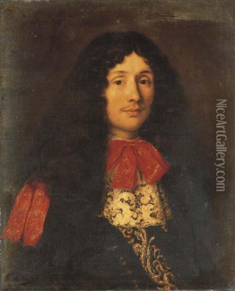 Portrait Of A Gentleman, 
Bust-length, In A Black And Goldembroidered Coat With White Lace Collar 
And Red Ribbon Oil Painting - Jacob Ferdinand Voet