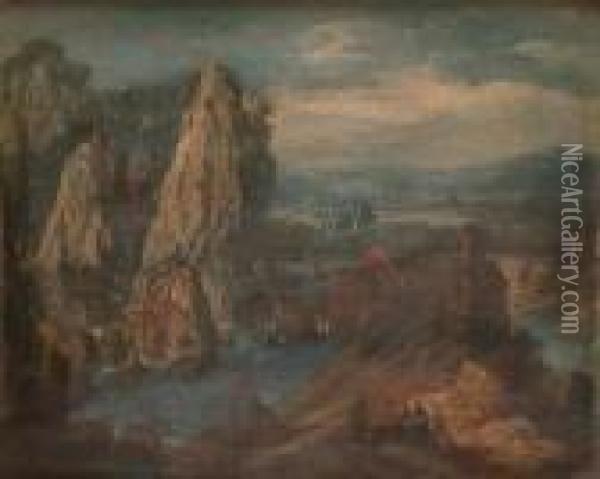 Peasants In A Lakeland Landscape By A Castle; A Companion Oil Painting - Jan Griffier I