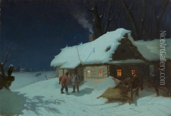 Night Scene Near A Tavern Oil Painting - Leonid Ivanovich Solomatkin