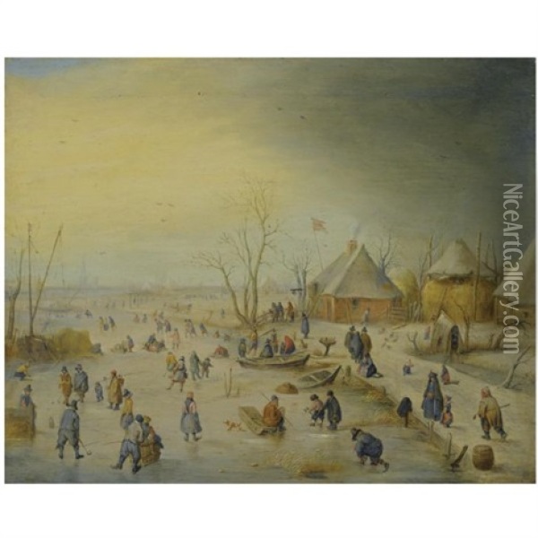 A Winter Landscape With Kolf Players, Skaters And Numerous Other Figures On A Frozen River Near An Inn, An Extensive Landscape Beyond Oil Painting - Hendrick Avercamp