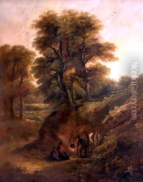 Wooded Landscape with Gypsies Round a Fire Oil Painting - Joseph Barker