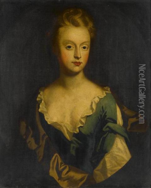 Kneller Portrait Of A Lady Bust Length In A A Blue Dress Oil Painting - Sir Godfrey Kneller