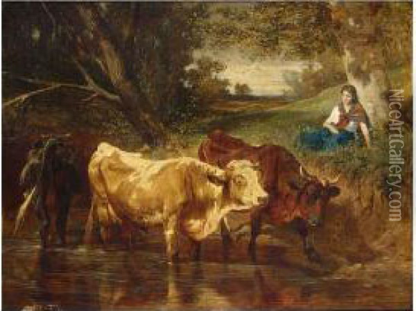 A Shepherdess Watering Her Cows Oil Painting - Carl Rudolf S. Huber