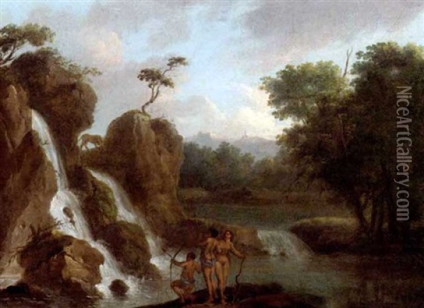 Hunters At A Waterfall Oil Painting - Raden Saleh Sarief Bustaman