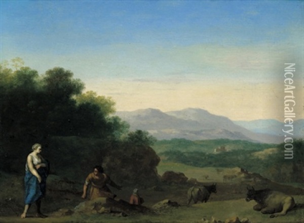 Ideale Landschaft Mit Nymphen Und Kuhen Oil Painting - Cornelis Van Poelenburgh
