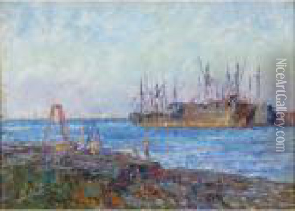 Battleship In The Harbour Oil Painting - Frederick McCubbin