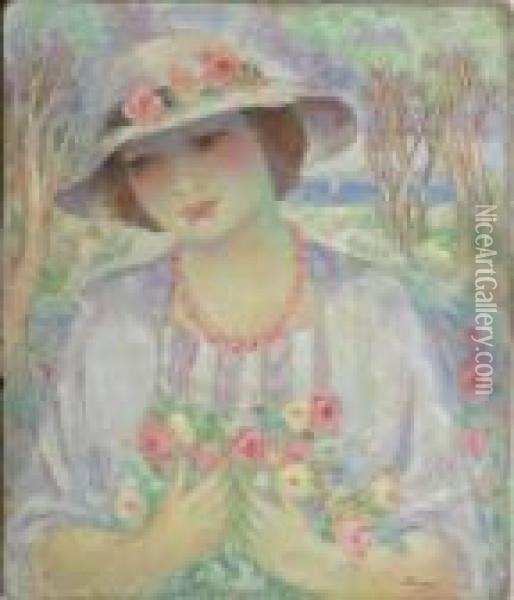 Jeune Femme Au Chapeau Et Bouquet De Fleurs Oil Painting - Henri Lebasque
