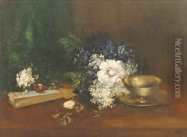 White and blue flowers, a fan and a pocketwatch Oil Painting - Antoine Vollon