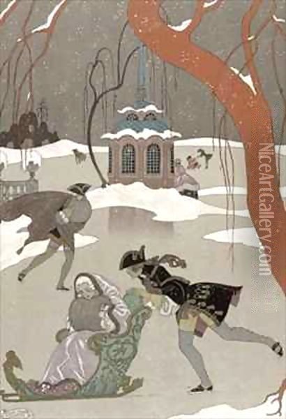 Ice Skating on the Frozen Lake Oil Painting - Georges Barbier